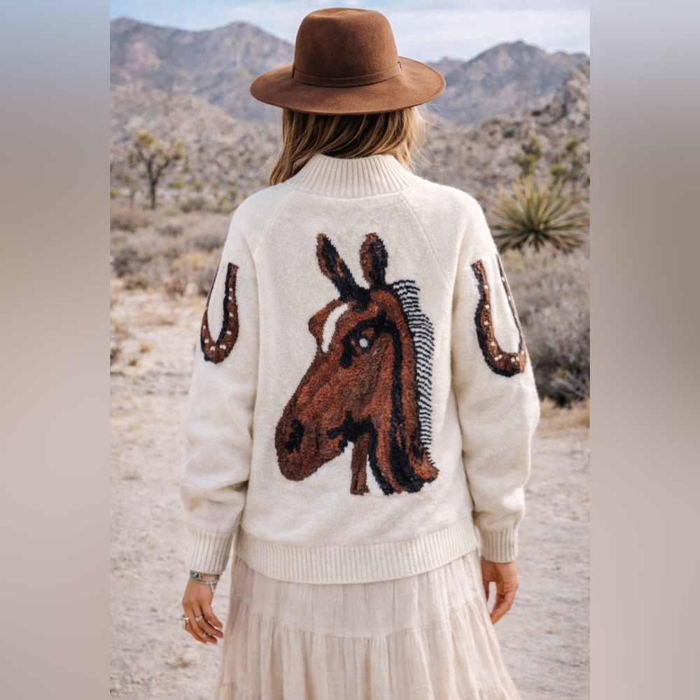 C234. Equestrian Design Cream Cardigan Sweater - Picture 1 of 3